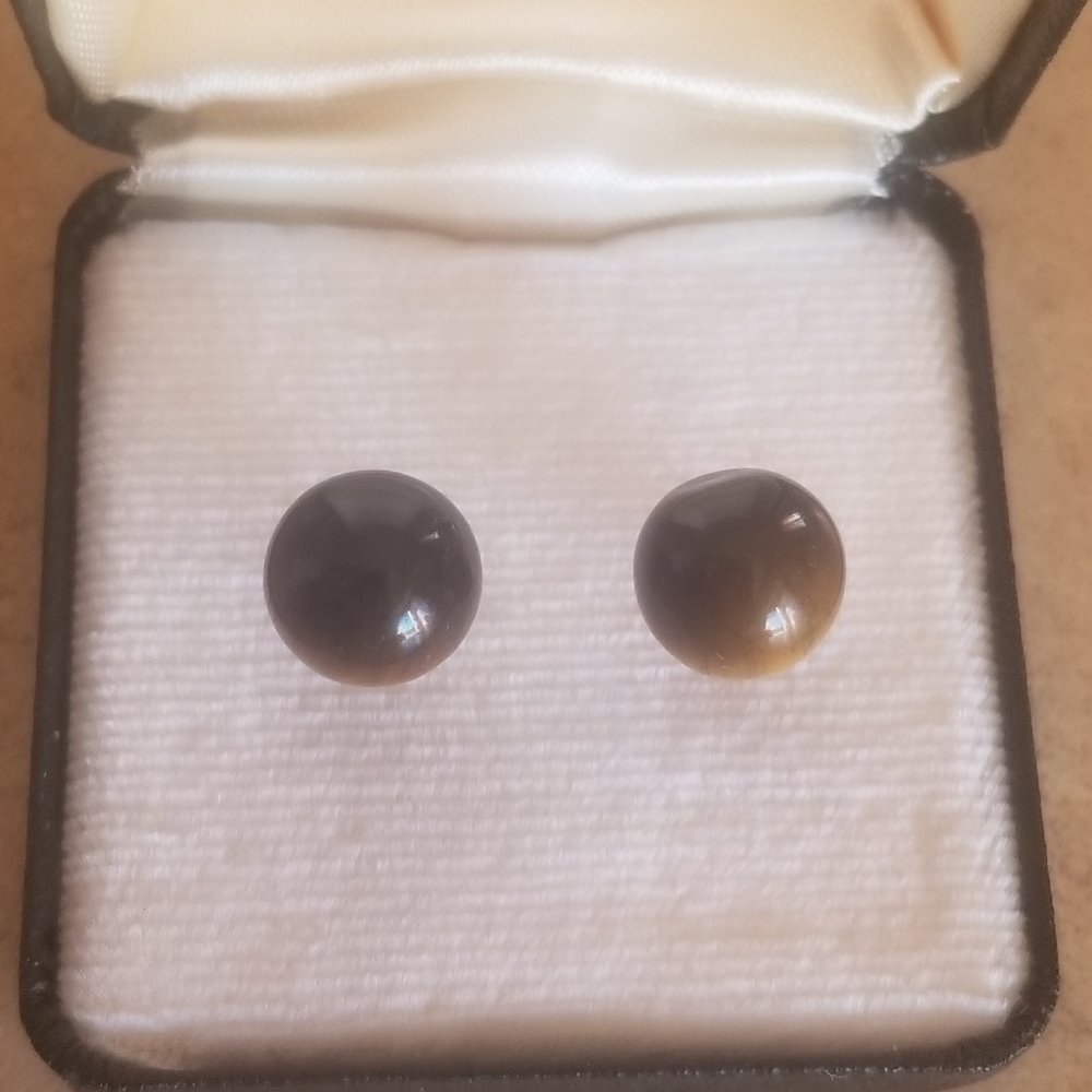 14K Gold Tigers Eye Ball Earrings